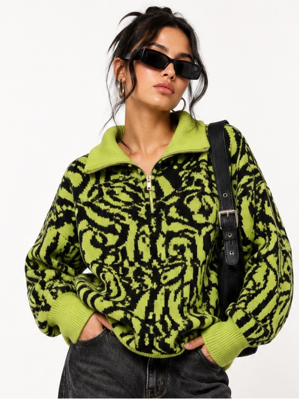 Sweet Rain Y2K Lime Black Abstract Quarter Zip Sweater L